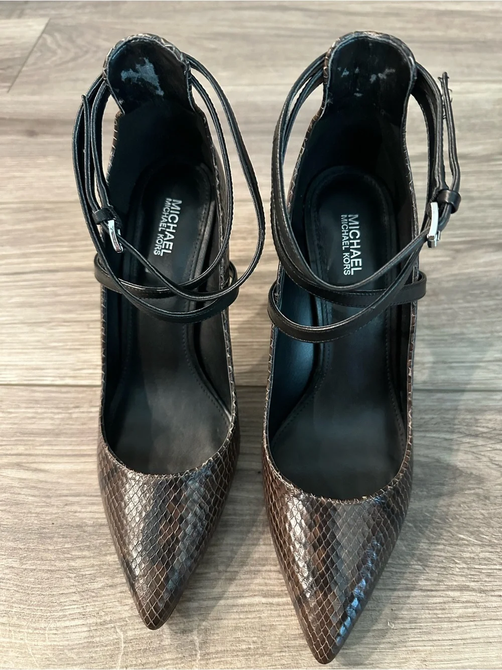 Michael Kors Brown Snake-Embossed Pointed-Toe Stiletto Heels